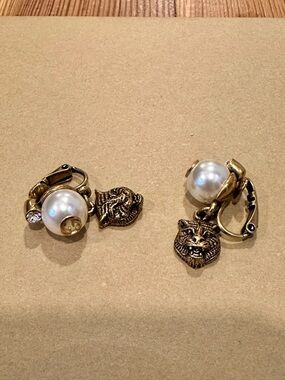 Gucci Gold-Tone Faux Pearl Earrings with Tiger Head Charms and Crystal Accent